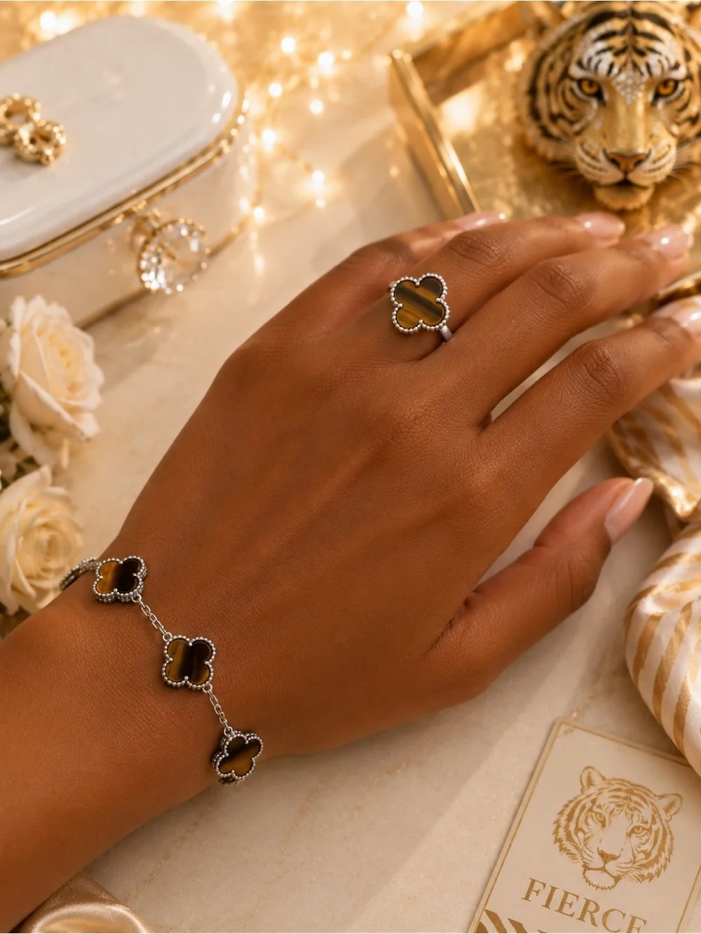 Tiger Eye Clover Jewelry 3 Pcs Set | Necklace, Bracelet & Stud Earrings - Silver